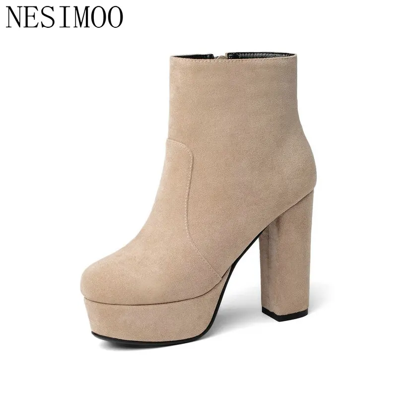 

NESIMOO 2019 Women Ankle Boots Square Heel Pointed Toe Zipper Fashion Women Shoes Black Flock Women Causal Boots Size 34-43