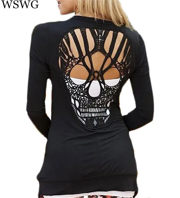 New Fashion Skull T Shirt Women Stylish Scoop O Neck Long Sleeve Hollow