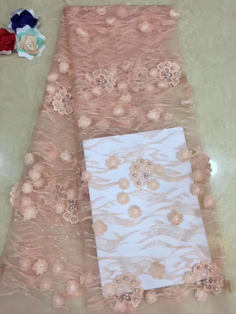 

2018 Graceful African Lace Fabric High Quality Embroidered Nigerian pink Color Lace Fabrics With Bead French Lace Wedding dress