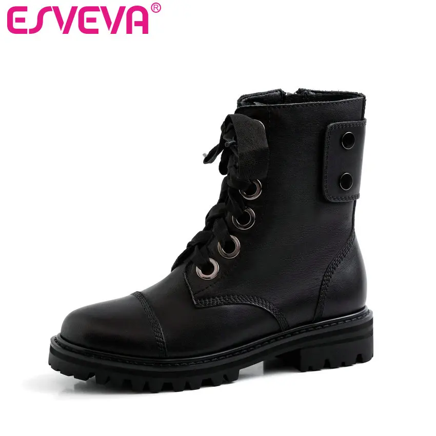 

ESVEVA 2020 Women Shoes Winter Ankle Boots Fashion Square Low Heel Leather+PU Lace Up Motorcycle Platform Boots Size 34-39