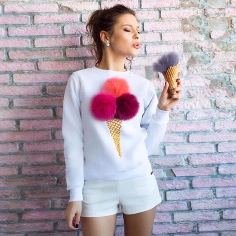 

Autumn Winter Lovely Fur Pompoms Sweatshirt Casual Women Pullover Ice Cream Long Sleeve Hoodies Mujer 2018