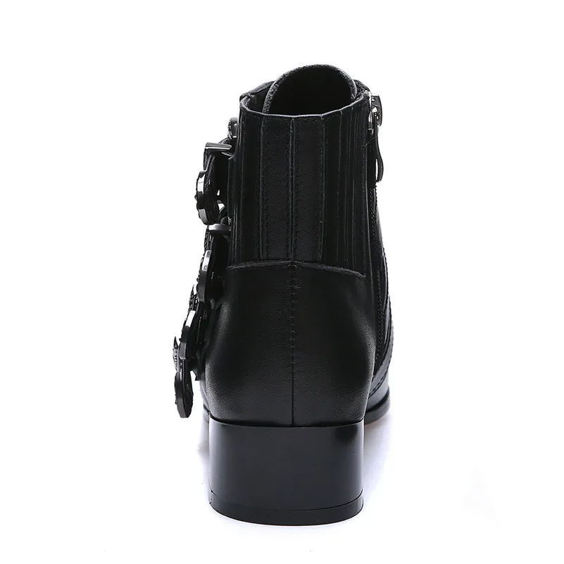 Automne Bottes Hiver Décoration Chaud Véritable Boucles Femme Noir Chaussures Talons Fedonas En Carré 1new Moto Femmes Cuir Cheville ngSFqx0t8w
