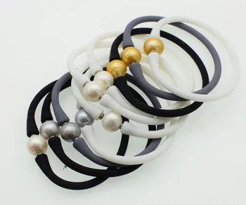 

freshwater pearl bracelet white/gray/black near round 10-11mm and grey silicone nature 7.5inch FPPj wholesale beads