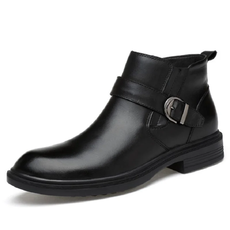 

AMSHCA Genuine Leather Men Winter Boots Solid Black Fashion Snow Boot with Plush Buckle Strap Doc Man Martin Shoes Big Size 46