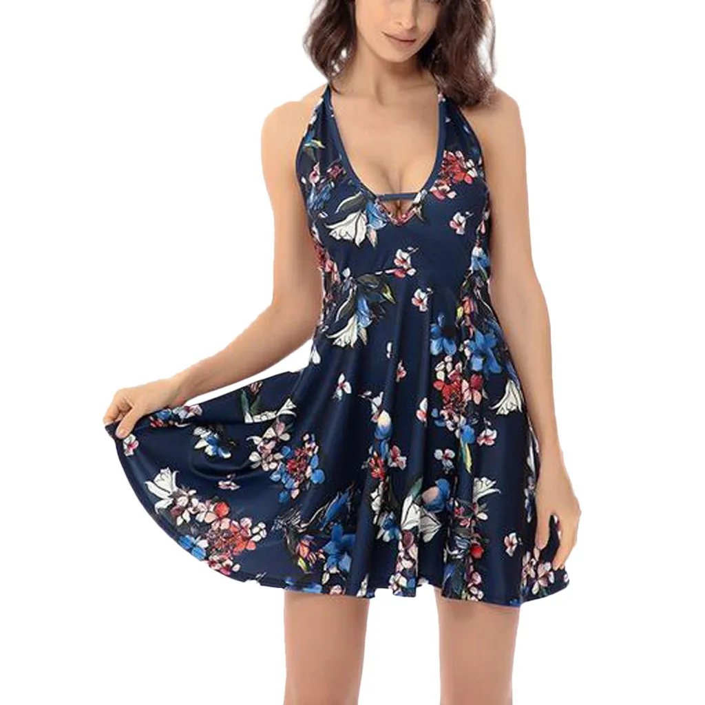 

Women Summer Dress 2019 Casual Fashion V-Neck Short Sleeve Slit Floral Printed Sleeveless Backleess V-Neck Vindage Mini Dress