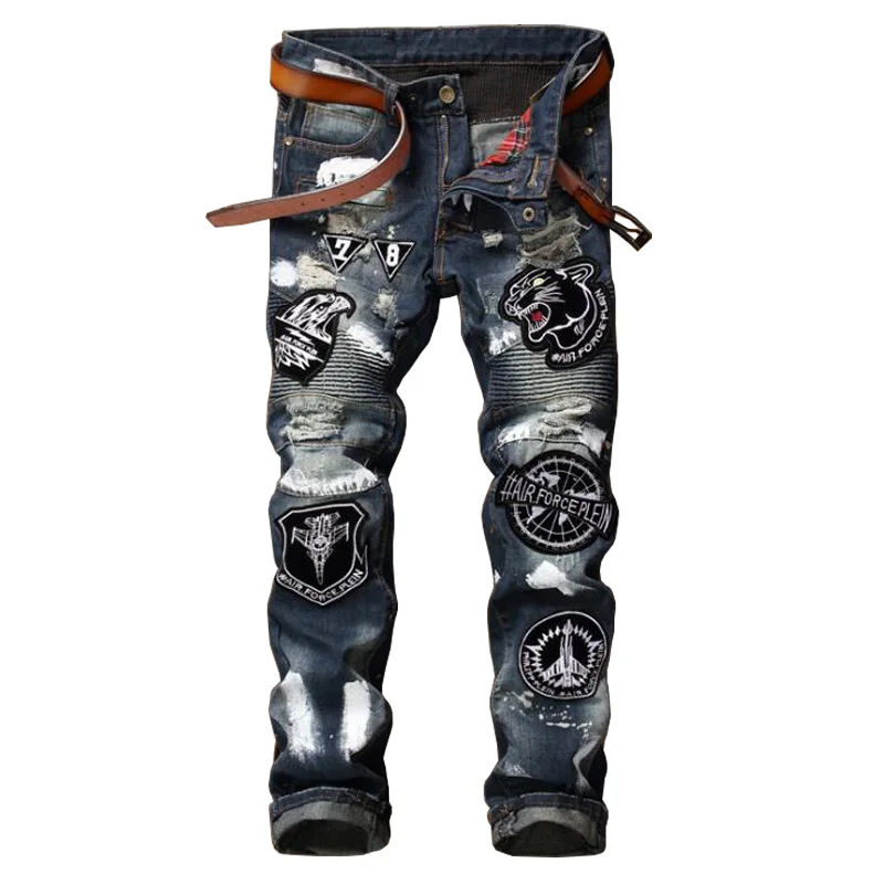 ABOORUN 2017 Punk Mens Tiger Embroidery Jeans Distressed Ripped Jeans ...