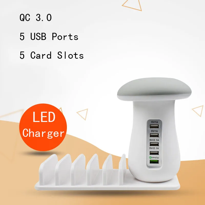 

5 Port Multi USB Charger LED Display USB Charging Station Universal Mobile Phone Desktop Charger EU/US/UK Plug Mushroom lamp