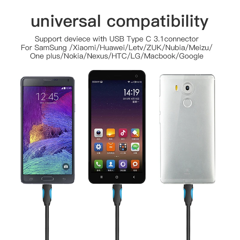 Vention USB C كابل يو إس بي نوع C كابل 2A USB 3.1 سريع شحن USB-C كابل بيانات نوع-C كابل لسامسونج هواوي ZUK LG Xiaomi 0.5