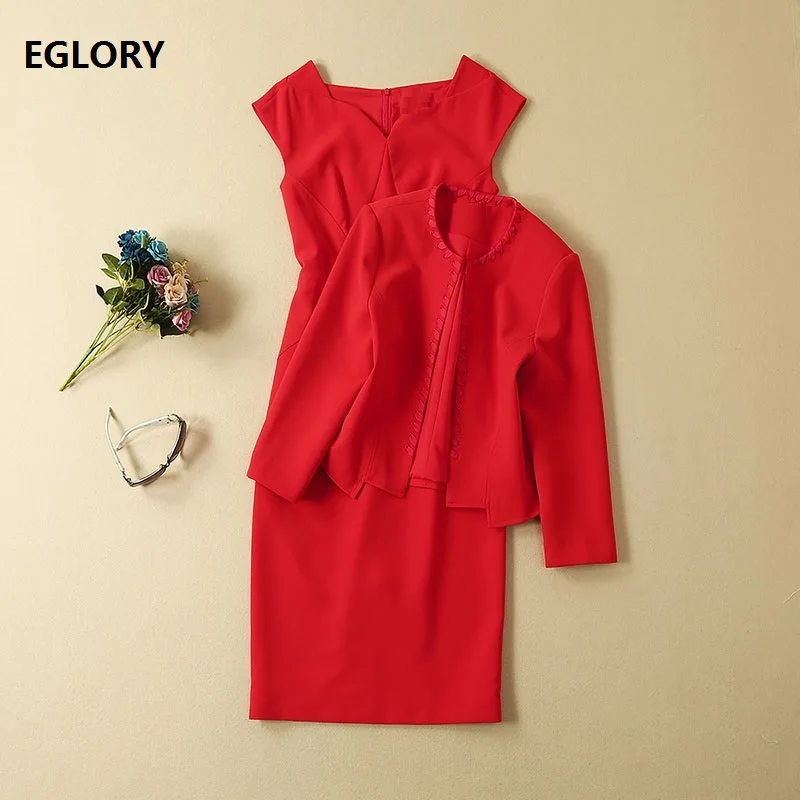 

Top Grade Designer Clothing Suits Autumn Sets Women Cross String Cardigan Jackets+Sleeveless Bodycon Pencil Dress Red White Lady