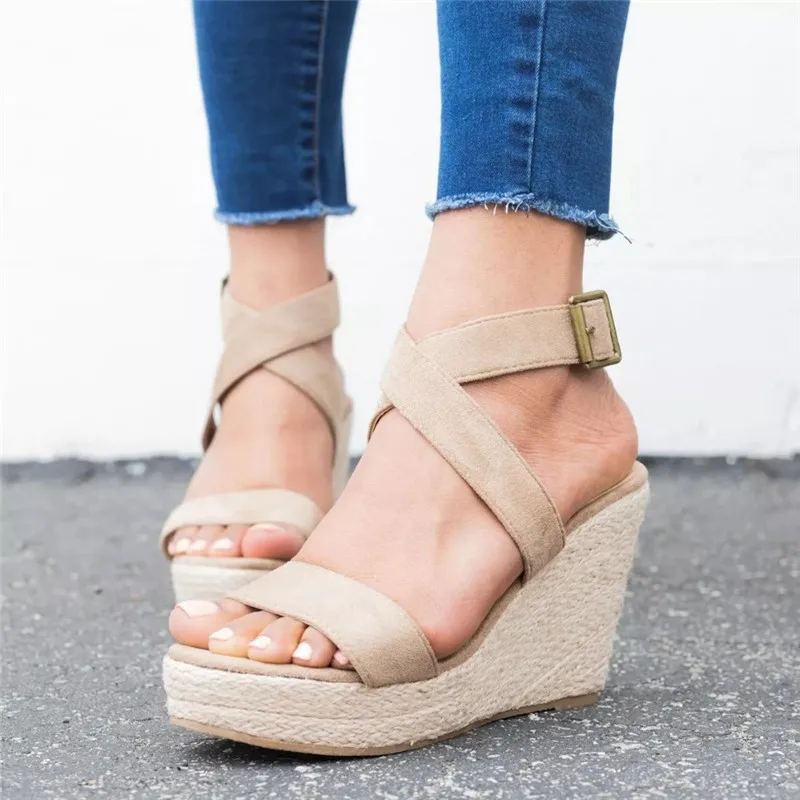 Leopard Wedge Sandals Summer Peep Toe Flock Buckle Strap Women Platform Espadrilles Sandal Plus Size 43 High Heels Shoes Female  (7)