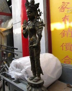

27"Tibet Buddhiam Copper Bronze gild Stand Tara Kwan-Yin Guan Yin Buddha Statue