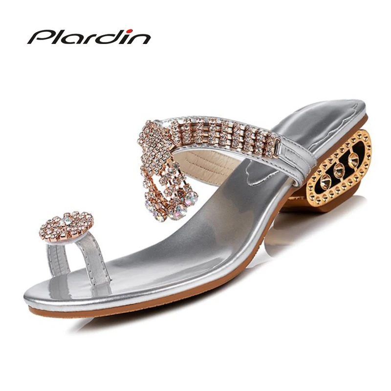 

Plardin New Bohemia Summer Casual Peep Toe Women's Flat Platform Sandals Rhinestone Square Heel Beach Sandals Shoes Woman