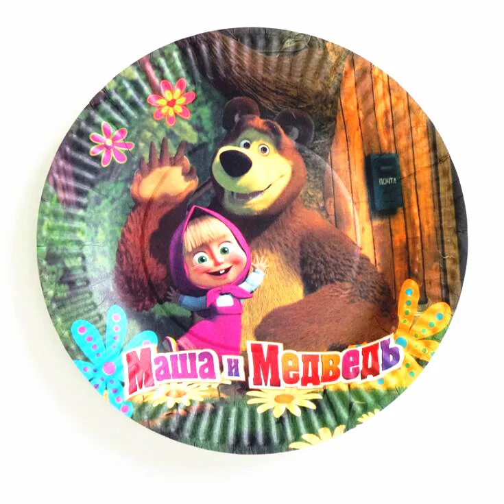 Masha And Bear Theme Tableware Set Birthday Party Decoration Kids plate Cups hats Napkins Tablecloth Flag Straw Party Supplies - Цвет: Plates-10pcs
