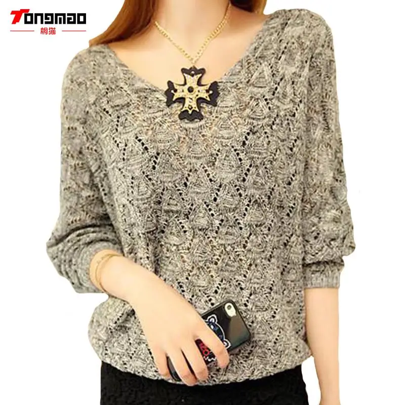 Sexy Autumn and Winter Women Basic Pullover Hollow Sweaters Loose Knit V-neck Solid Female Slit Neckline Sweater Top Slim