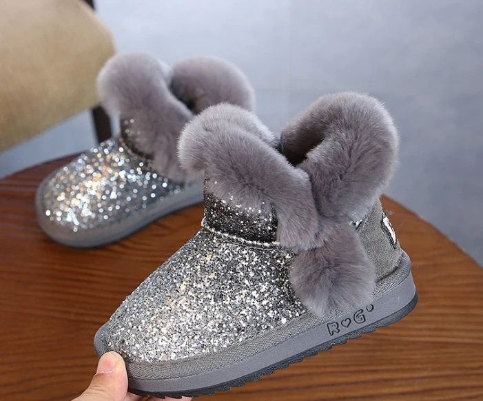 Новинка года; зимние детские ботинки; корейские детские зимние ботинки с блестками; модные теплые хлопковые ботинки с кроличьим мехом для девочек