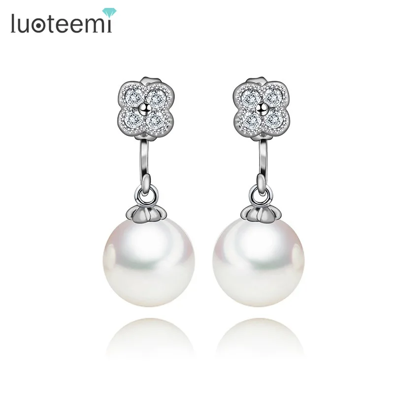 

LUOTEEMI Brand Fashion Jewelry CZ Micro Paved Flower With S925 Silver Pin White Created Pearl Earrings For Women Acessories