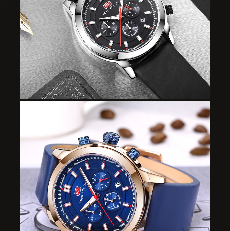 Мини-фокус мужские часы Leathter Хронограф военные часы спортивные Кварцевые водонепроницаемые наручные часы Reloj Hombre часы мужские Relogio