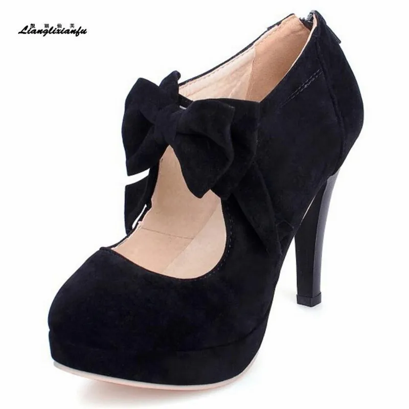 LLXF Plus:30-46 47 ladies Stiletto Spring/Autumn Bowtie Round Toe shoes woman 10cm Tacco Alto pumps da matrimonio zapatos mu | Обувь