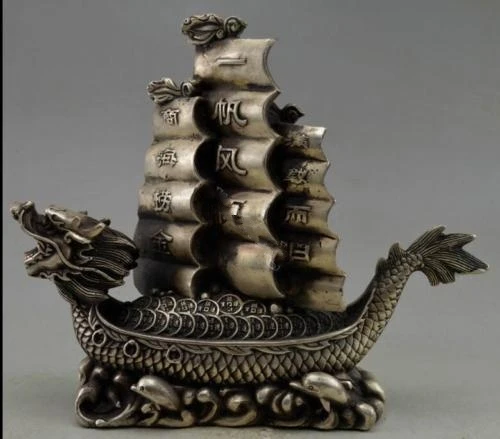

Collectible Decorated Old Handwork Miao Silver Dragon Boat Safety Statue