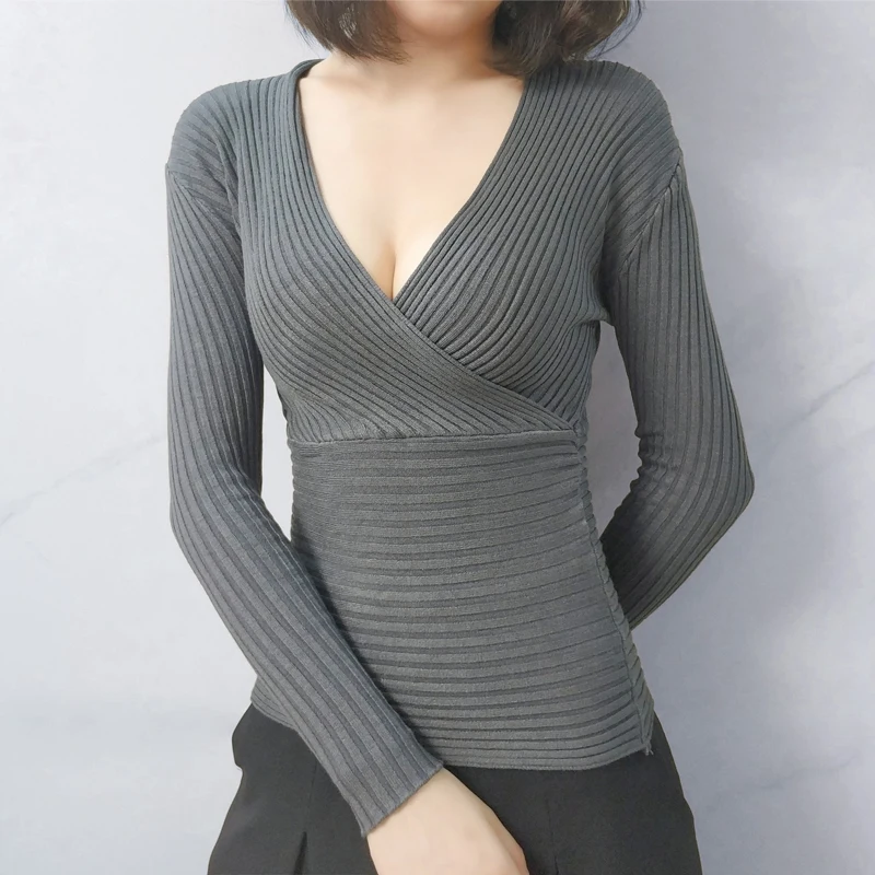 Женские сексуальные вязаные тянущиеся пуловеры с v-образным вырезом и длинным рукавом, свитера для девочек, вязаный однотонный вязаный свитер, Топ для женщин - Цвет: Dark Grey