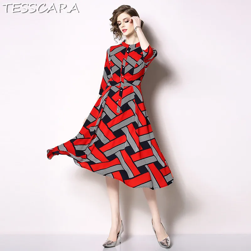 Red TESSCARA женское элегантное офисное платье рубашка Festa повседневное длинное платье Femme высококачественный геометрический дизайнерский женский вечерний Vestidos - Цвет: Red