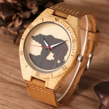 

Creative 3D Polar Bear Silhouette Design Wood Watch for Men Women Cool Genuine Leather Wristwatch Quartz Timepiece New Man Clock