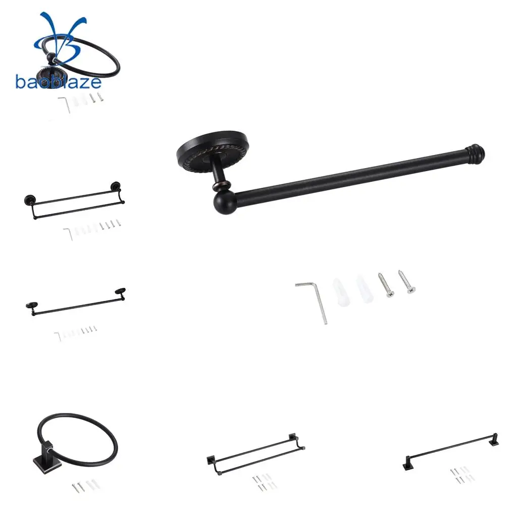 Baoblaze Large Towel Holder Rack, Bath Hanger Hook Wall Mounted Bathroom Black Brass - 1 Line, 2 Line, Round Ring Types Select