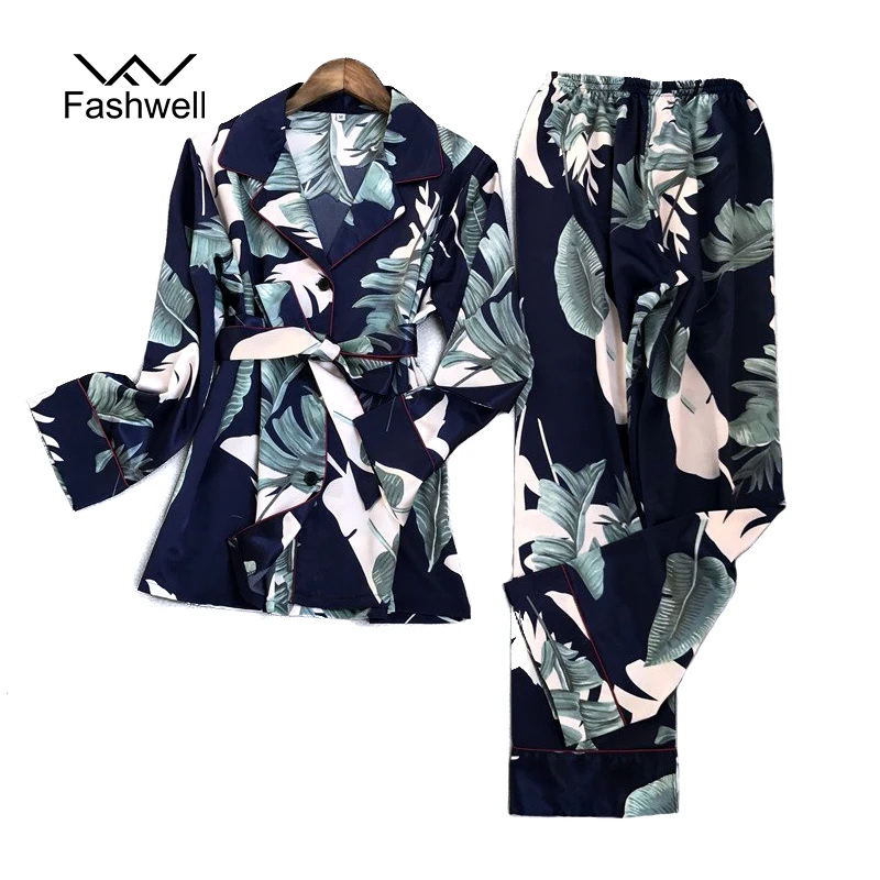 Весна принт Для женщин пижамный комплект осень стежка шелковая шаль пижамы с