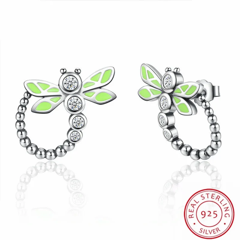 

New Trendy 925 Sterling Silver Green Dragonfly Exquisite Stud Earrings for Women Fashion Wedding Engagement Jewelry Gift