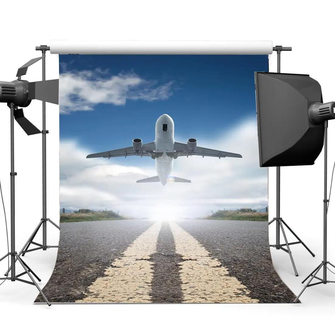 

Airplane Take Off Backdrop Blue Sky White Cloud Highway Grass Nature Spring Journey Photography Background