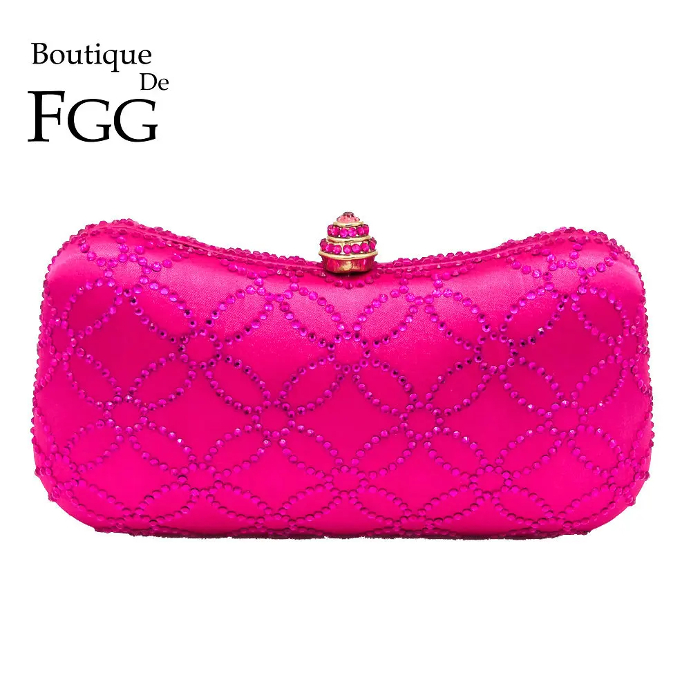 

Boutique De FGG Hot Pink Fuchsia Women Crystal Evening Clutch Bags Formal Gala Dinner Rhinestones Handbags and Purses Bridal Bag