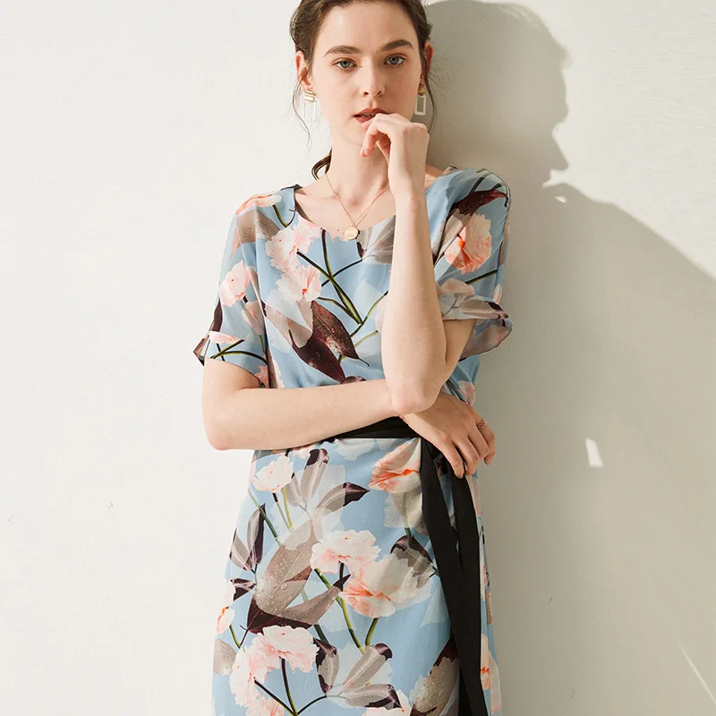 

Booking 15 naive women silk dress 2019 summer new silk tie with accept A word waist loose big yards flower dress
