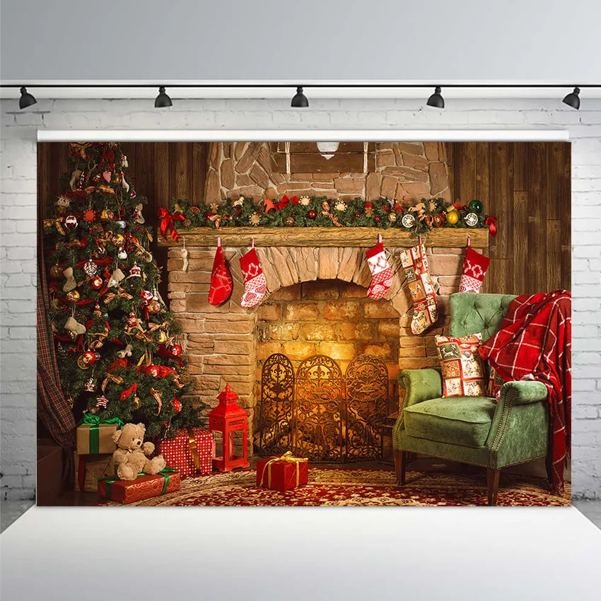 

Photography Backdrop Fireplace Christmas Tree Gifts Decoration Photocall Backdrops Professional Photographic Photo Background