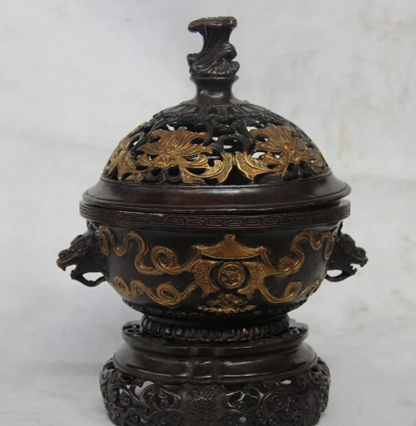 Elegant old S1312 China Old Bronze Copper Carved Eight treasures Dragon Head Incense Burner Censer statue | Дом и сад