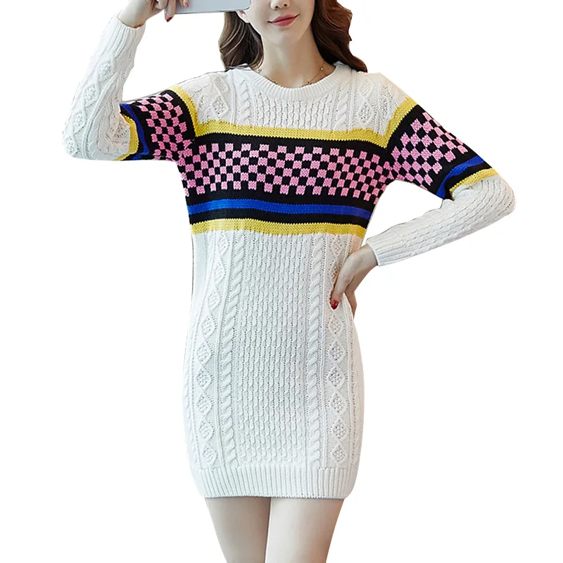 Women Sweaters Pullovers Round Collar Long Sleeve Sweater Dress 2019 Winter Knitting Women's White Gray Warm Sweater Clothes