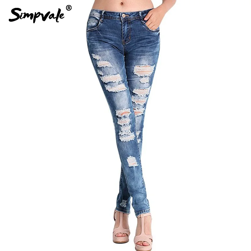 

SIMPVALE Large Size Ripped Holes Jeans Women Vogue Mid Waist Denim Pencil Pants Female Washed Bleached Elastic Slim Jeans S~3XL