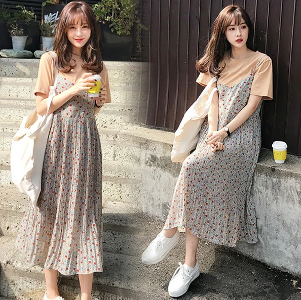 

Maternity 2018 Summer New Fleet short-sleeved chiffon shirt Halter Skirt Two sets of pregnant women Dress