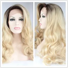 2016 Hot Sale Heat Resistant Wigs Ombre Wavy Black Root to Blonde Synthetic Lace Front Wigs for Women