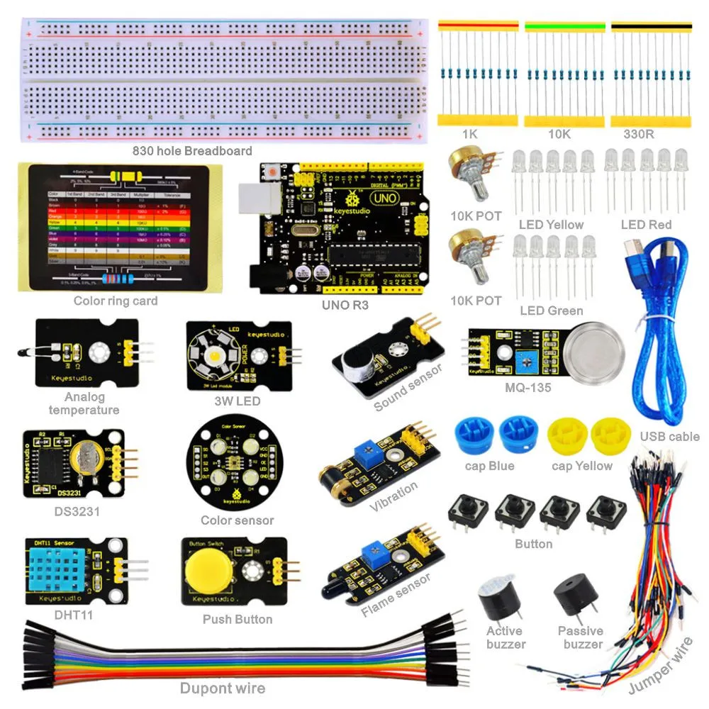 Keyestudio датчик стартовый комплект-K3 для обучения Arduino Программирование+ UNO R3+ DHT11+ DS3231+ цветной датчик/19 проектов