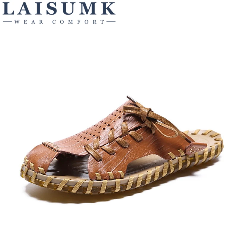 LAISUMK Summer Leather Breathable Shoes Genuine Leather Men Casual Sandals Lightweight Soft Outsole Good Quality Men Shoes
