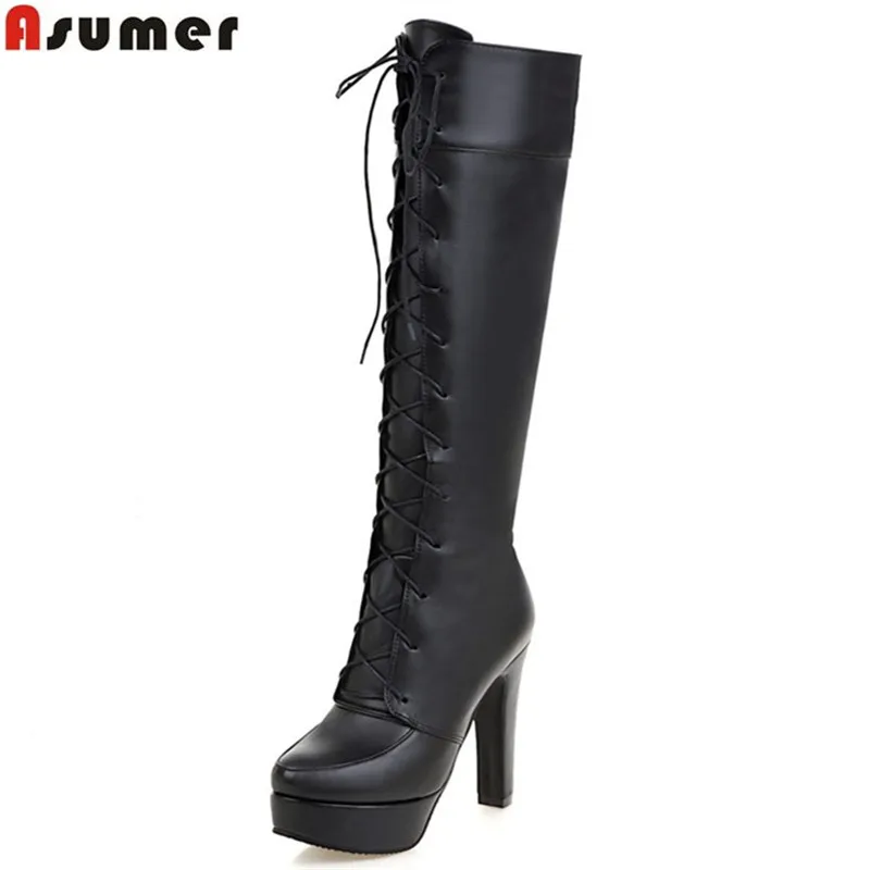 ASUMER new arrive women boots black brown high quality pu lace up knee solid color platform super ladies | Обувь