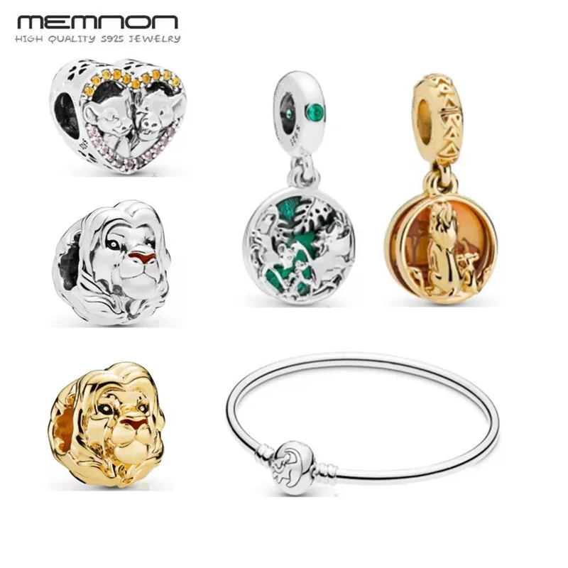 

New Authentic 925 Sterling Silver Vintage Lion King heart Charms golden Beads Fit Bracelet Bangle necklace DIY pendant Jewelry