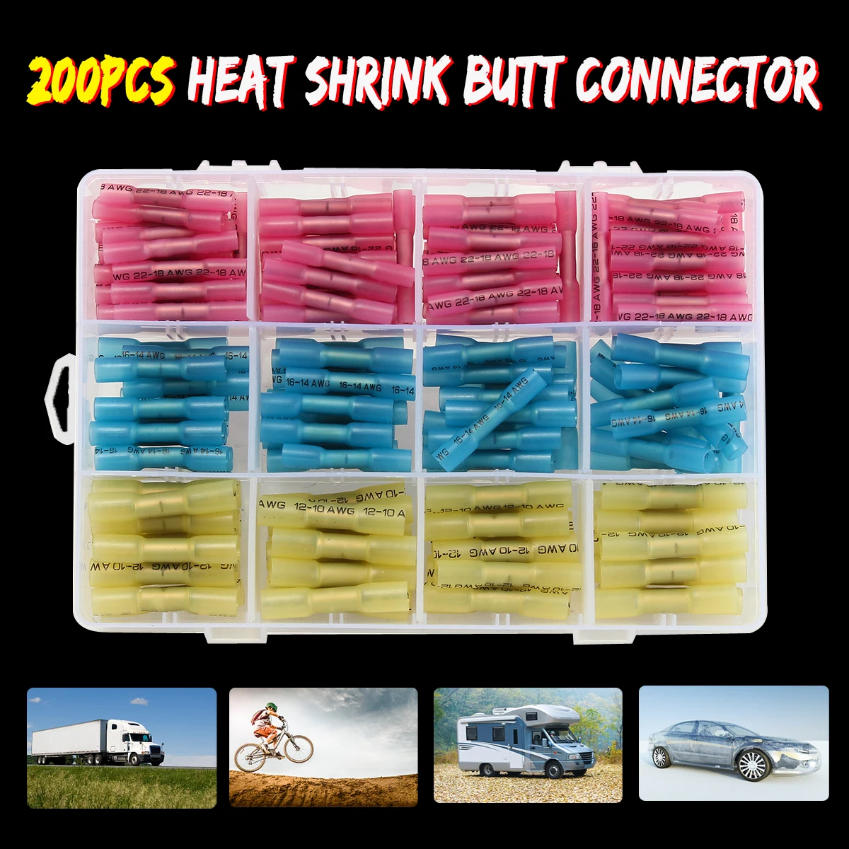 

SWILET 200Pcs Insulated Electrical Wire Terminals Heat Shrink Tubing Butt Connectors Kit 3Type 10-22 AWG Red Blue Yellow