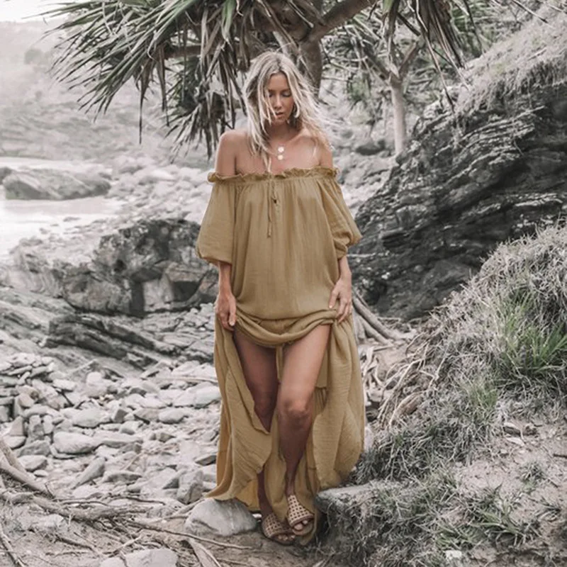 

Womens Dress Clothes Beach Dresses And Tunics Plus Size Long Chic Ladies Beach Wear Bohemian Loose Summer Open Shoulder Dress