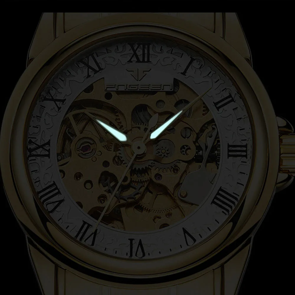 Золотые женские часы, мужские часы FNGEEN Relogio Feminino masculino, автоматические механические часы с скелетом, автоматические часы