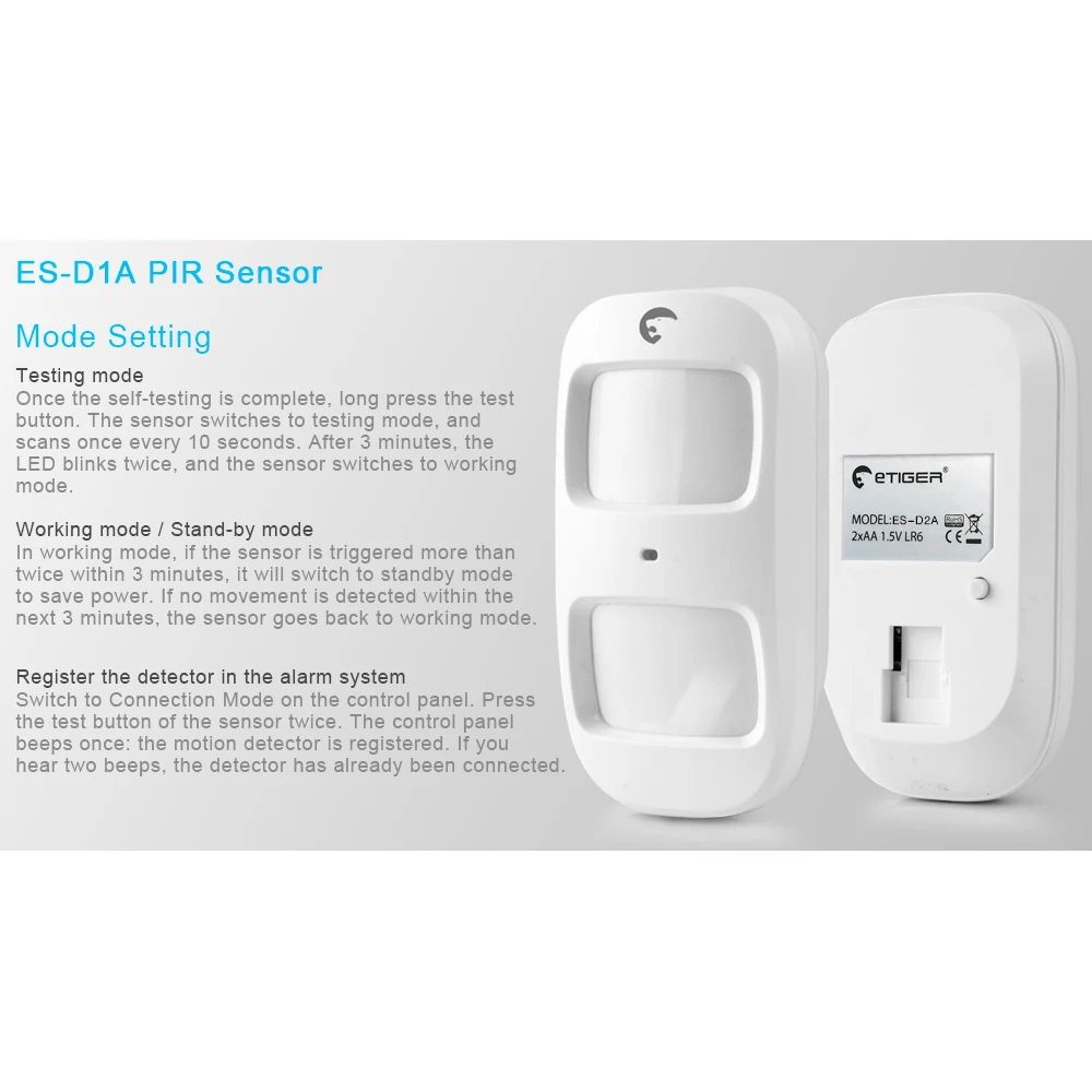 ETiger ES-D2A inalámbrico Pet-immnue Sensor de movimiento Detector de alarma para el sistema de alarma antirrobo doméstico inteligente