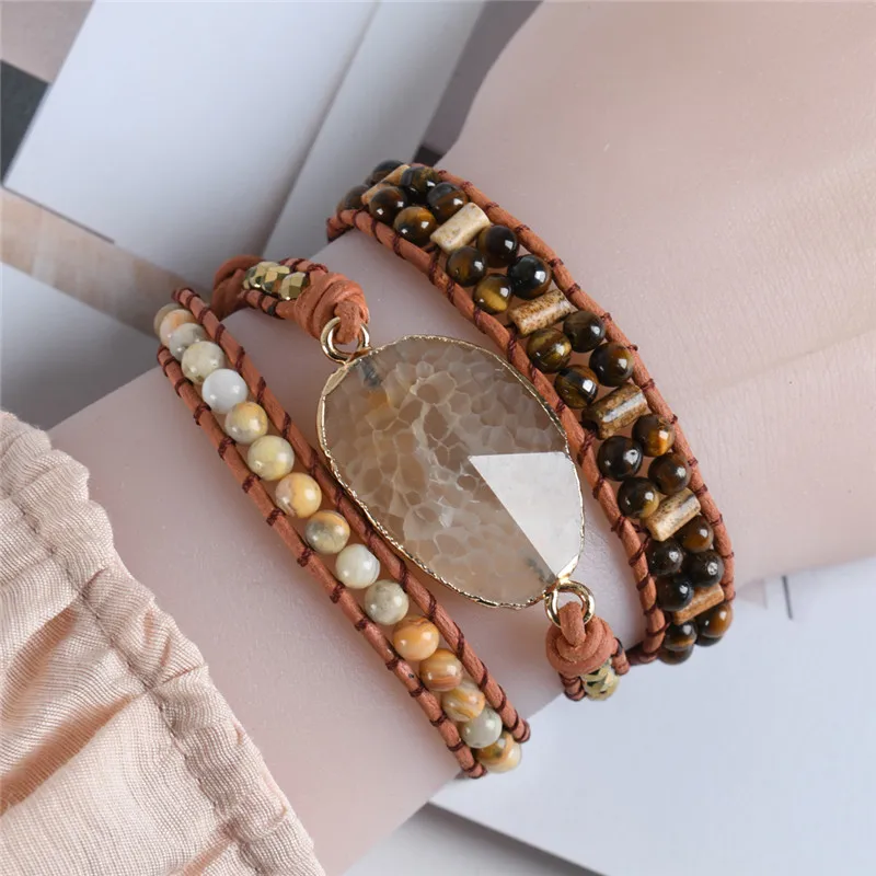 Винтажные кожаные браслеты с натуральным камнем, 3 нити, браслеты для мужчин и женщин, многослойный браслет в стиле бохо, ювелирные изделия ручной работы