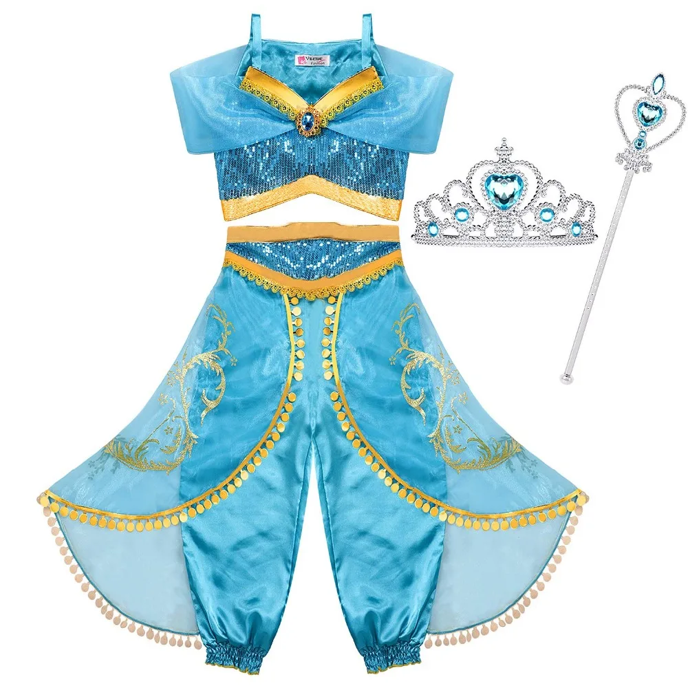 

Jasmine Costume Kids with Tiara Magic Wand Princess Jasmine Dress for Girls Princess Fancy Dress Halloween Costume Cosplay Dress