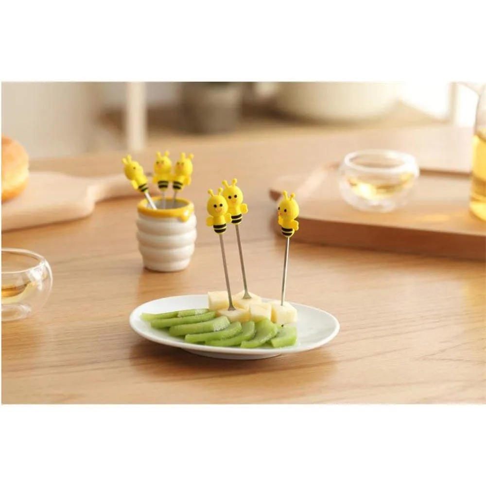 Cute Cartoon Salad Forks Mini Dessert Fruit Forks Holder Stainless Steel with A Holder Silicone Handle Cake Food Pick Fork Set 6 Pcs for Home and Restaurant (Bee)02