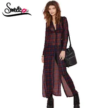 Sweetyou 2016 Sexy Perspective Split Long Blouse Women Shirt Tartan Vintage Sheer Cardigans Blouses Casual Chiffon Kimonos Shirt